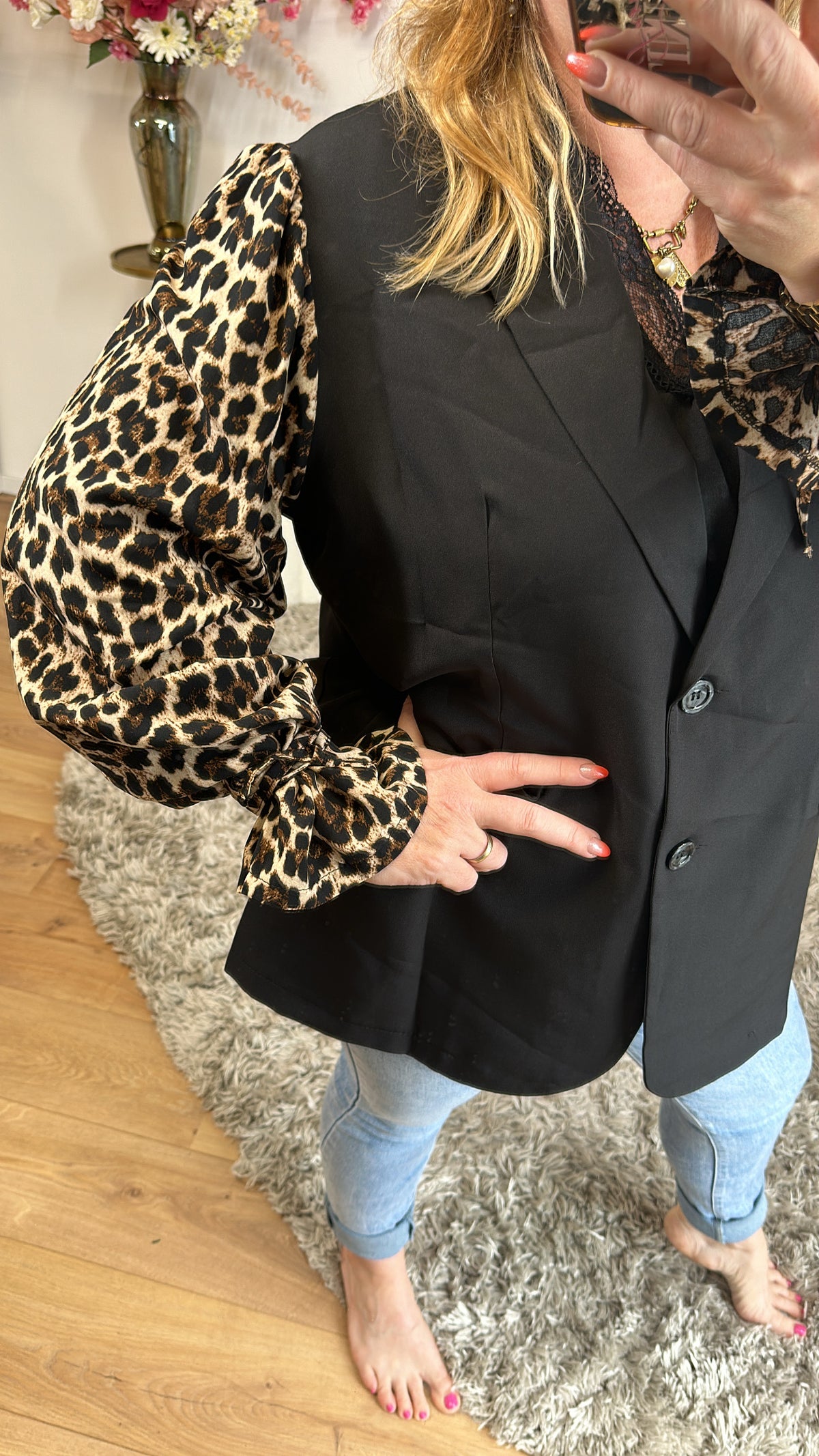 BLAZER MET PANTER MOUW ZWART 1020