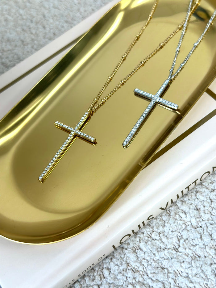 CRYSTAL CROSS NECKLACE - SILVER AND GOLD