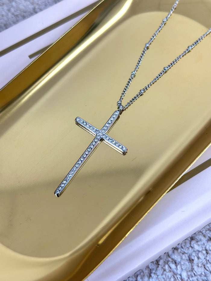 CRYSTAL CROSS NECKLACE - SILVER AND GOLD