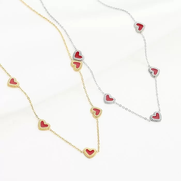 RED HEARTS NECKLACE - SILVER AND GOLD